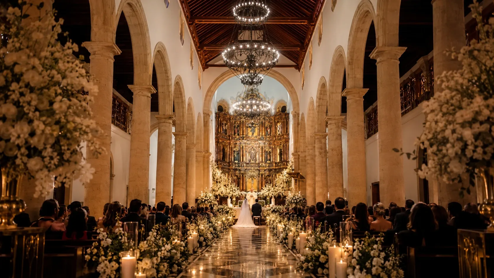 Elegant wedding ceremony setting at sunset in Cartagena, Colombia