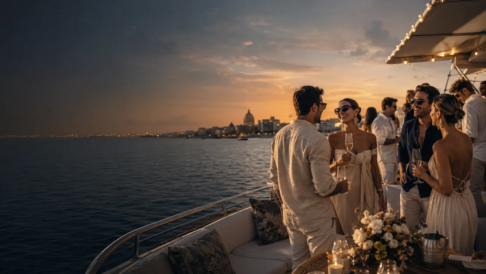 Group of friends celebrating on a boat in the Caribbean near Cartagena