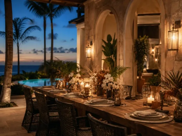 Candle-lit dinner table set for a group at sunset in Cartagena