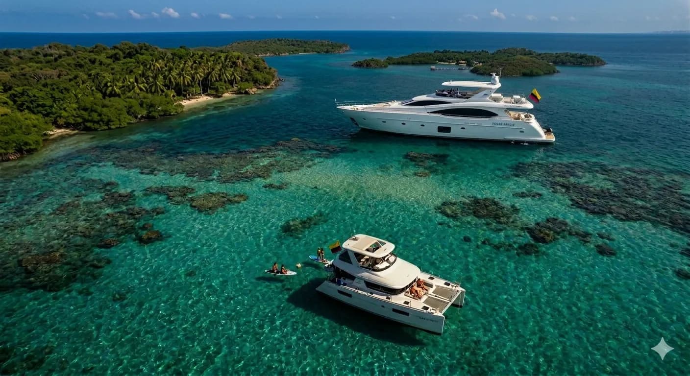 Luxury yacht anchored in turquoise water off the coast of Cartagena, Colombia