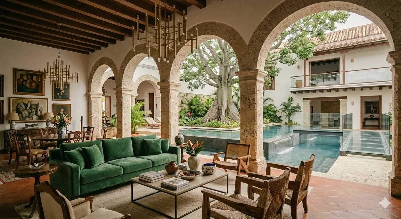 Colonial living room and courtyard pool of a private villa in Cartagena